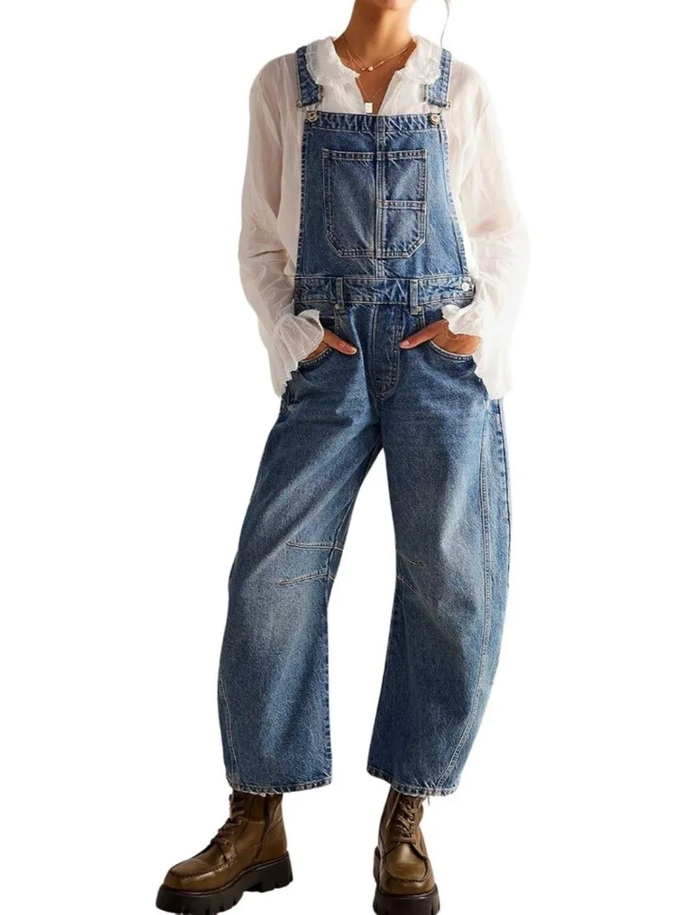 Women Y2k Baggy Barrel Jeans Overalls Wide Leg Denim Pants Bib Overalls Jumpsuit - Picture 3 of 7